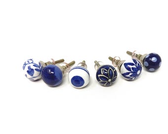 6 Pack Blue/White Small 1" Ceramic Decorative Dresser Drawer, Kitchen Cabinet or Door Knob Pull - Pack of 6