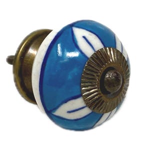 May include: A decorative cabinet knob with a blue and white floral design. The ceramic knob has a brass-colored base and a detailed, sunburst-like center. The knob is designed for furniture and home decor.