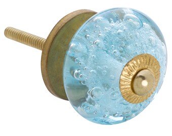 Aqua Blue Bubbles Glass (Gold Hardware) Dresser Drawer, Cabinet or Door Knob Pull - Pack of 12