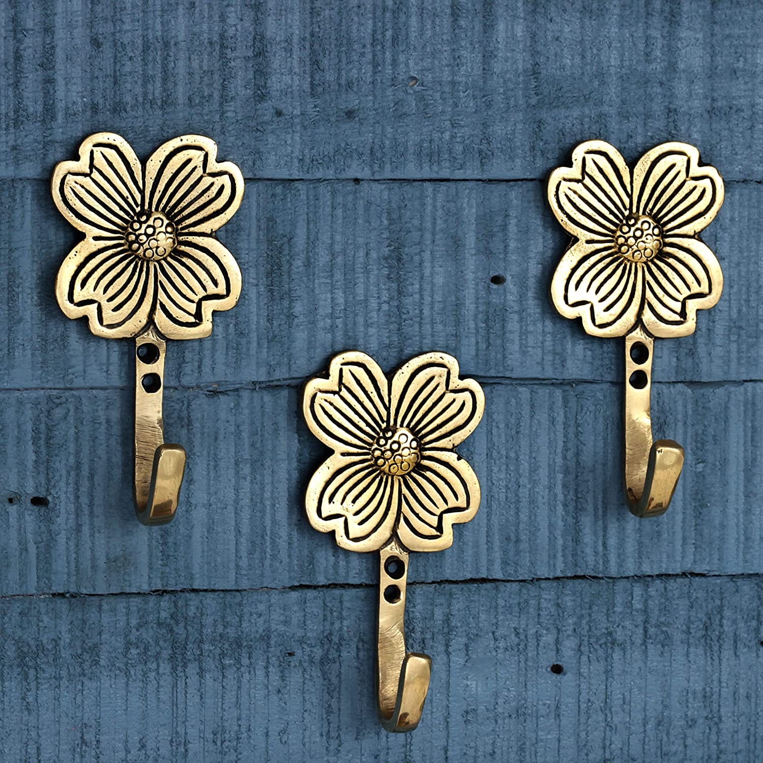 Golden Flower Hook St. Patrick's Day Boho Brass Clover Wall Hooks Coat Hooks  Key Holder Wall Mounted Coat Rack Towel Hooks - 3 Piece