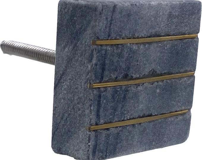 Gray Square Stone Knob with Gold Accents Cabinet, Drawer Pull Knob