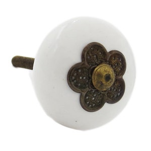 Myosotis White Ceramic Knob with Metal Flower on front, Dresser, Drawer, Cabinet, Door