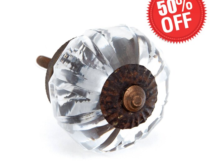 Clear Glass Round Kitchen Cabinet Pull, Door Knob, Furniture Knob with Bronze Hardware