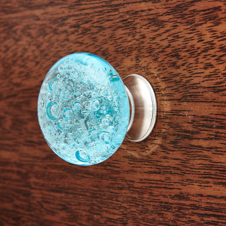 Aqua Blue Bubbles Glass Decorative Dresser Drawer, Cabinet or Door Knob Pull image 4