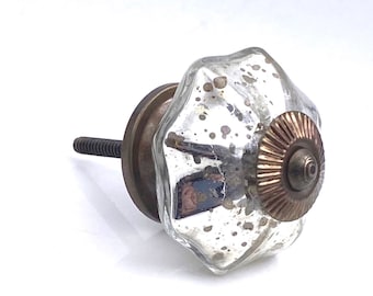 Antique Silver Mercury Glass Distressed Octagon Knob Pull for Dresser, Drawer, Cabinet, Door