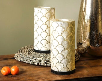 White Mother of Pearl Table Lamp Pair Seville Unique & Unusual Eco-chic Column Light Coastal Chic