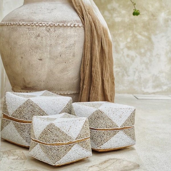 Neutral Decorative Storage Boxes - Beige and White Beaded Bamboo Boxes