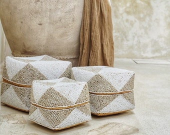 Neutral Decorative Storage Boxes - Beige and White Beaded Bamboo Boxes