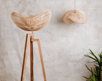 Large Rattan Wooden Tripod Floor Lamp by Collectiviste