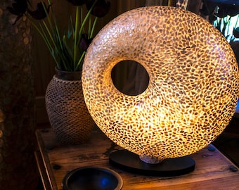 Handcrafted Lighting Gold Callisto Torus Table Lamp Unique and Unusual Oyster Shell Eco-chic Lamps