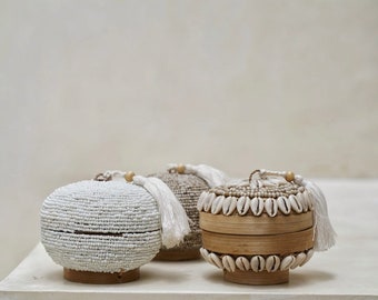 Set of 3 Small Jewellery Boxes - Handwoven from Bamboo, Beads & Shells