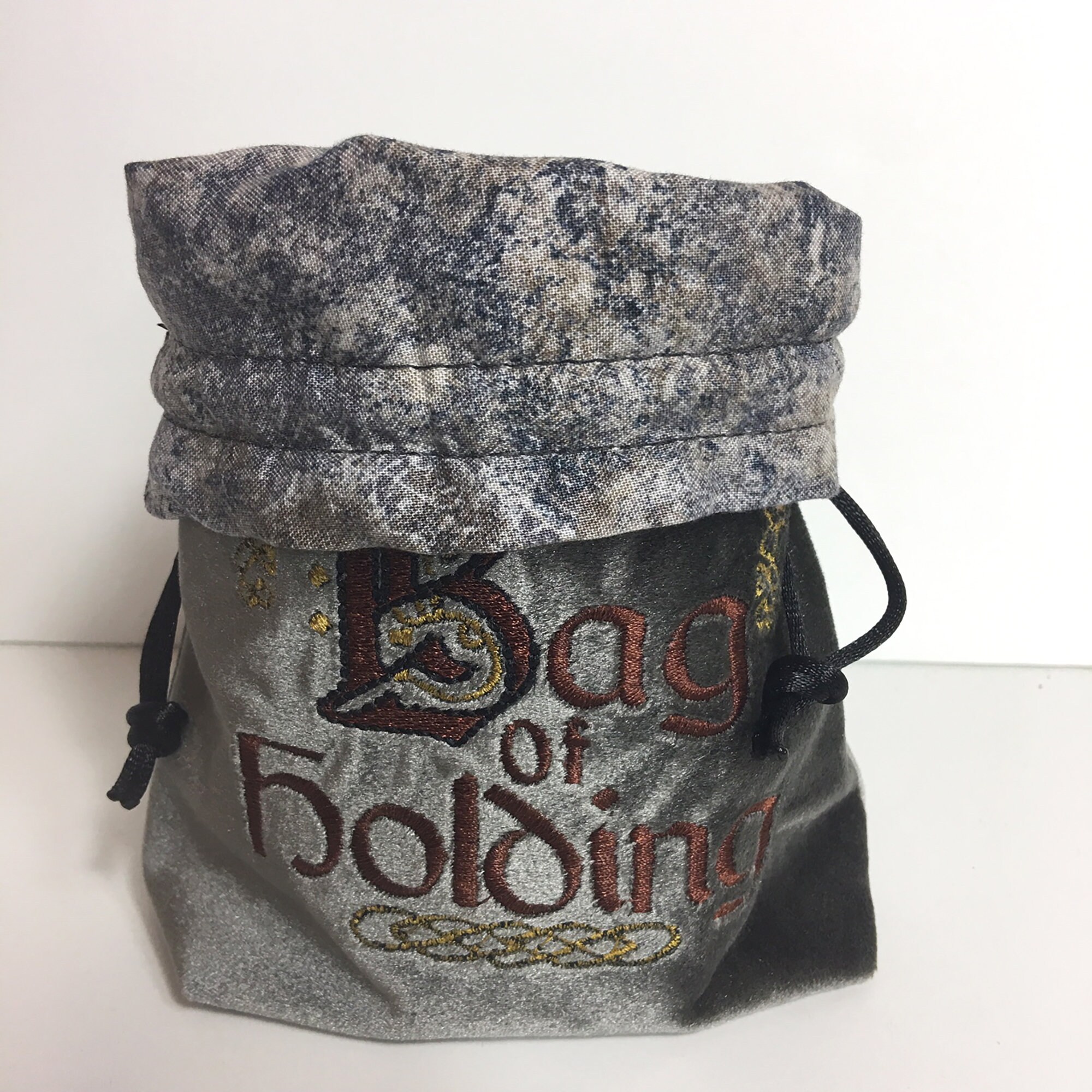 Charcoal Velveteen Dungeons and Dragons Dice Bag, Embroidered Bag of