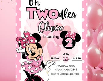 Minnie Maus Two-dles Geburtstagseinladung | Bearbeitbarer digitaler Download, Mauseinladung