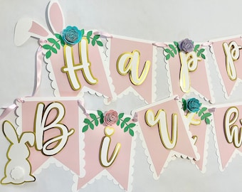 Custom Bunny Birthday Banner: Pastel Garden Party Decoration