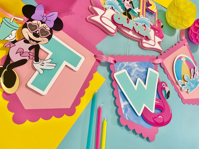 May include: A decorative party banner featuring Minnie Mouse wearing heart-shaped sunglasses and holding a drink, alongside a cutout displaying the name Olivia and the word Two. The design includes pink scalloped edges, a flamingo, and a beach ball.