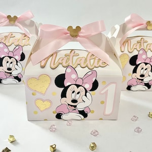 Pink Polka Dot Bow Favor Boxes, Girl Birthday Party Favors, Mouse Themed Gift Boxes, Pink and Gold Party Supplies, Treat Boxes