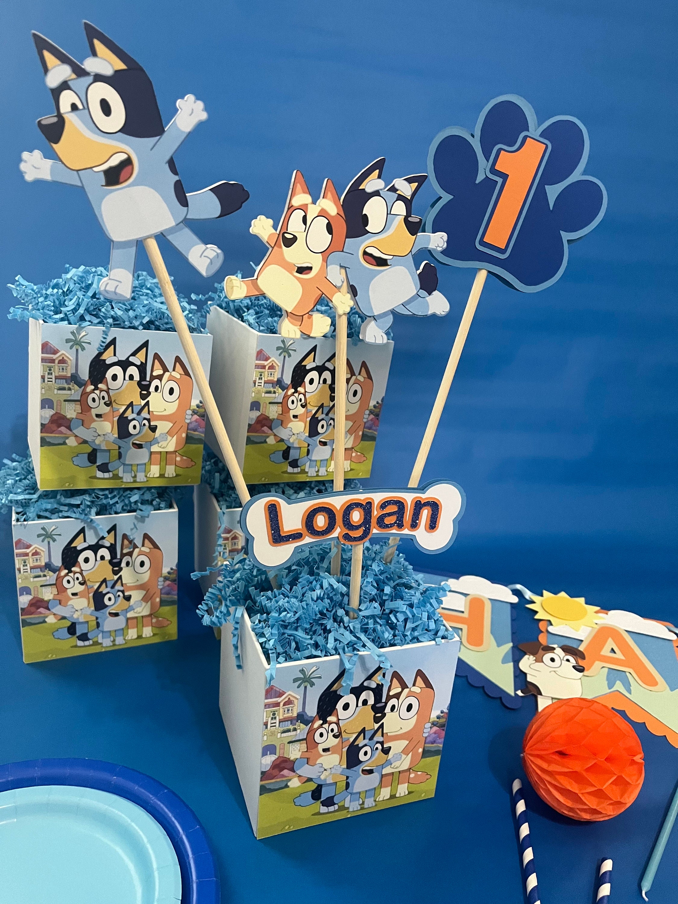 Blue Dog Centerpieces with Box, Puppy Dog Birthday Table Decor, Double-Sided Dog Party Centerpiece, Blue Dog Party Supplies