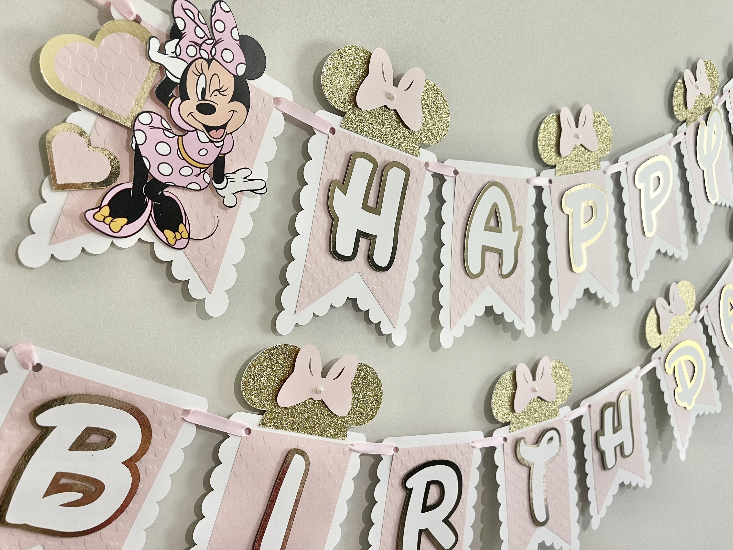Minnie Inspired Birthday Banner, Pink Girl Party Garland, Mouse Theme Party Decoration, Custom Name Banner, Heart Embossed Party Decor