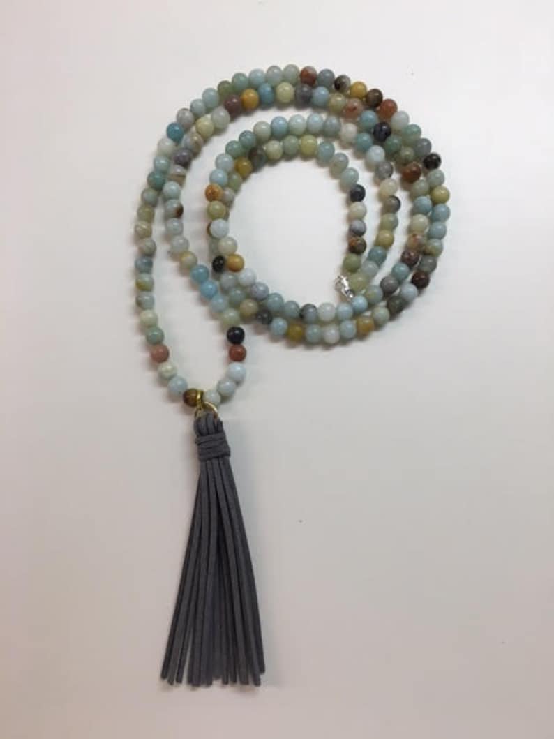 Long Amazonite Necklace with Gray Suede Tassel