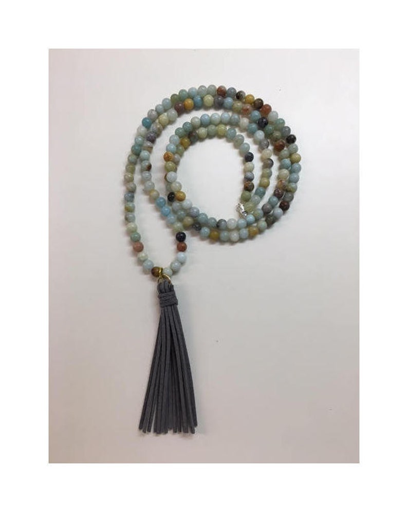 Long Amazonite Necklace with Gray Suede Tassel