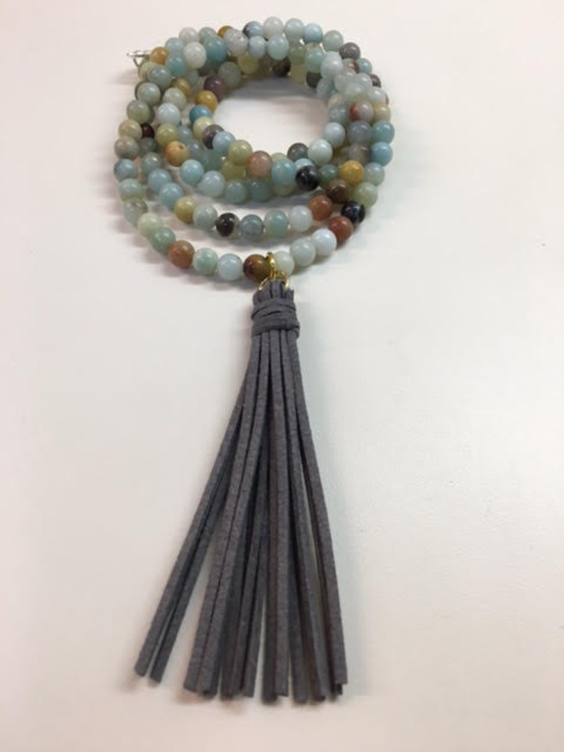 Long Amazonite Necklace with Gray Suede Tassel