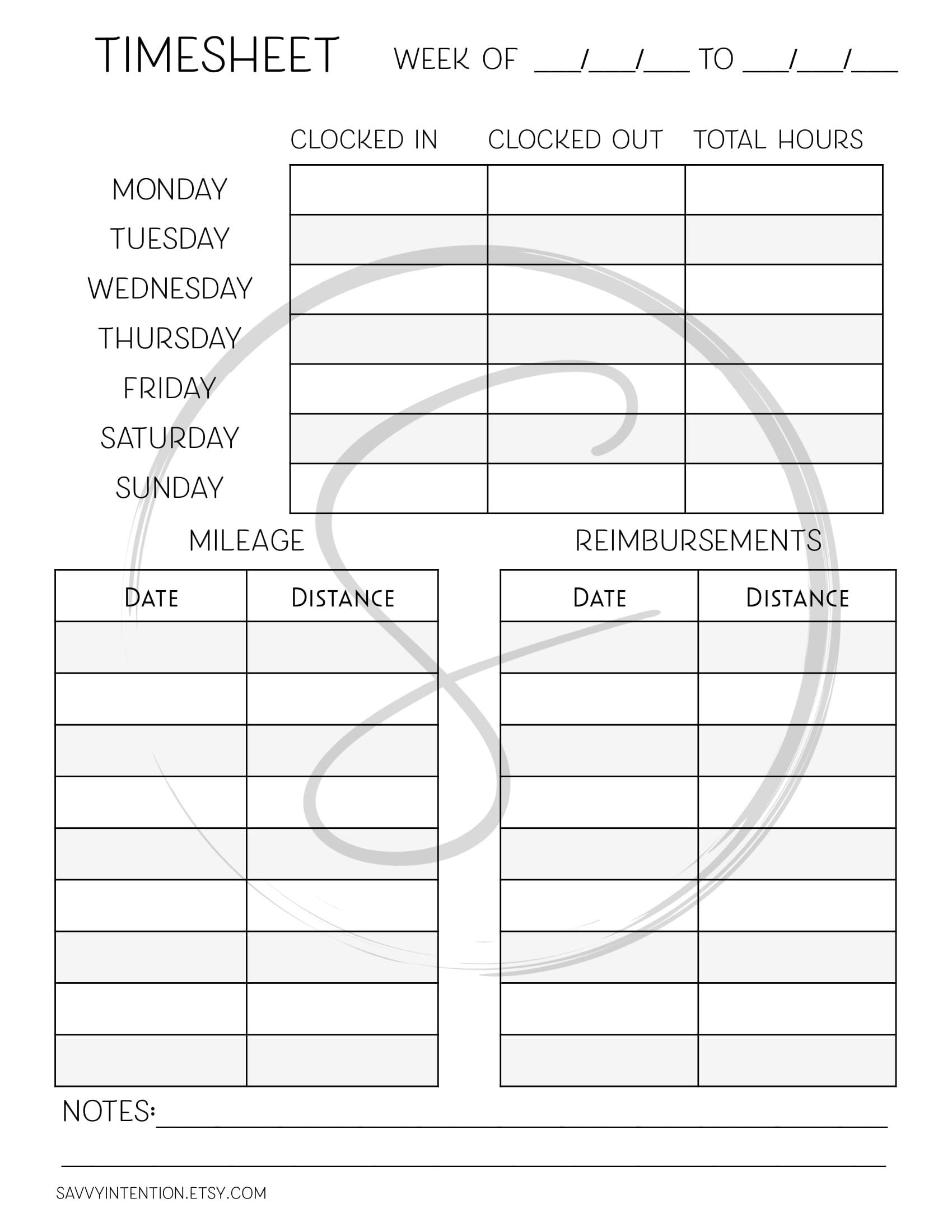 Timesheet Mileage Reimbursements Etsy