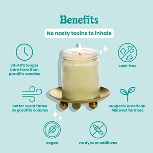 May include: A soy wax candle in a clear glass jar with a gold metal stand. The candle is lit and has a white flame. The image includes text that says "Benefits" and "No nasty toxins to inhale". The image also includes icons that represent the candle's benefits, such as longer burn time, better scent throw, soot-free, vegan, no dyes or additives, and support for American Midwest farmers.