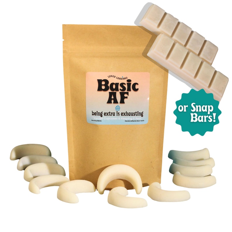 May include: A brown paper bag with a white label that says "Basic AF" and "being extra is exhausting". The bag contains white chocolate snap bars. The image also shows a white starburst-shaped sticker with the text "or Snap Bars!" in teal.