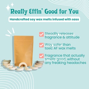 May include: A brown paper bag with a white label that says "Really Effin' Good for You" and "Handcrafted soy wax melts infused with sass". The bag is next to a white background with four checkmarks and text that says "Steadily releases fragrance & attitude", "Way safer than toxic AF wax melts", and "Fragrance that actually smells good, without any freaking headaches".