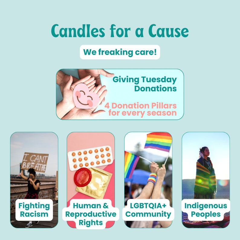 May include: A collage of four images representing different causes supported by a candle company. The images show a person holding a sign that says "I can't breathe", a condom and birth control pills, a rainbow flag, and a person wearing traditional Indigenous clothing.