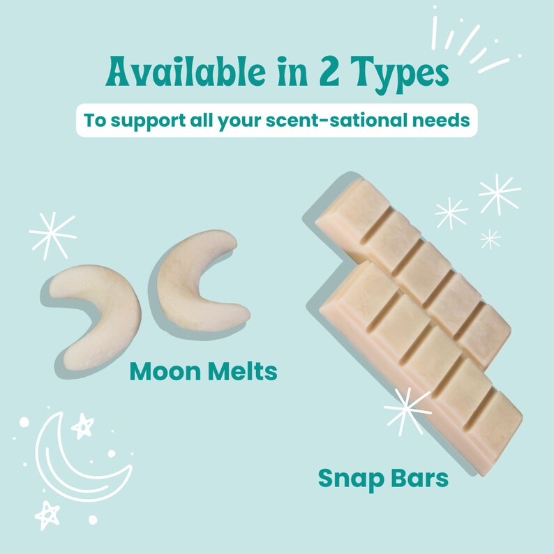 May include: Two types of wax melts: Moon Melts, which are shaped like crescent moons, and Snap Bars, which are rectangular bars with a grid pattern. Both are white and available in a variety of scents.
