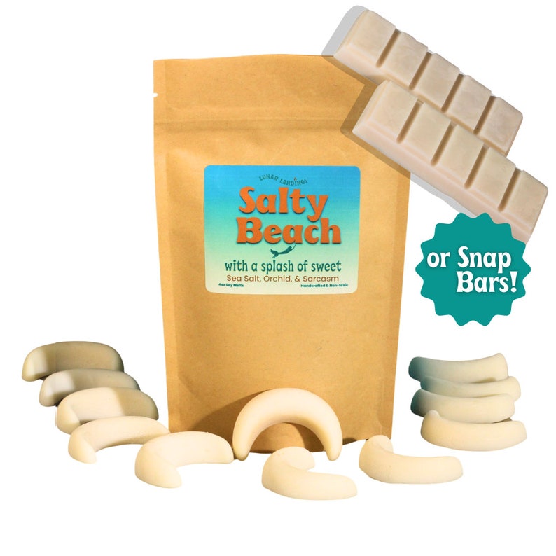 May include: A brown paper bag with a label that says "Salty Beach with a splash of sweet Sea Salt, Orchid, & Sarcasm". The bag contains white chocolate snap bars, which are also shown individually on a white background. The text "or Snap Bars!" is written in a blue circle.