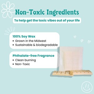May include: A white soy wax candle with the text "Non-Toxic Ingredients" and "To help get the toxic vibes out of your life". The candle is made with 100% soy wax, grown in the Midwest and is sustainable and biodegradable. The candle is also phthalate-free and clean burning.