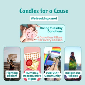 May include: A collage of four images representing different causes supported by a candle company. The images include a heart shape made by hands, a pack of birth control pills and a condom, a rainbow flag, and a person wearing traditional Indigenous clothing.