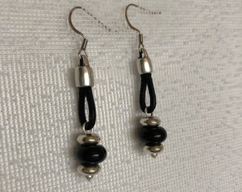 Leather, genuine black Onyx and antique silver plated earrings