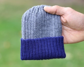 Medium grey/navy knitted 100% alpaca beanie hat for babies, toddlers & children. Handcrafted in Scotland. Unisex newborn watch cap.