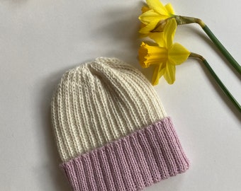 Dusty pink/ecru knitted 100% alpaca beanie hat for babies.  Handcrafted in Scotland. Unisex dusty pink/ecru watch cap.