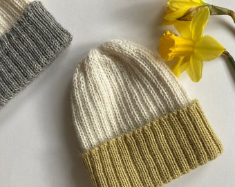 Lemon/ecru knitted 100% alpaca beanie hat for babies.  Handcrafted in Scotland. Unisex lemon/ecru watch cap.