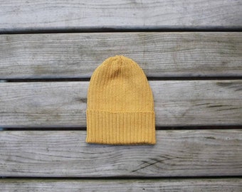 Mustard-Yellow Fisherman's Beanie Hat for Adults. 100% Alpaca - Handcrafted in Scotland. Knitted unisex 2 x 2 watch cap.
