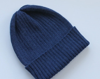 Unisex 2x2 Rib Beanie for Adults in Navy Blue. 100% Alpaca - Handcrafted in Scotland. Knitted Alpaca Watch Cap/ Fisherman's Beanie