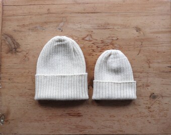 Ecru/ Off-White matching parent & child beanie set of 2 hats. 100% Alpaca - Handcrafted in Scotland. Twinning knitted watch caps.