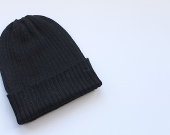 Black Beanie Hat for Adults. 100% Alpaca - Handcrafted in Scotland. Knitted unisex 2 x 2 ribbed fisherman's beanie/ watch cap