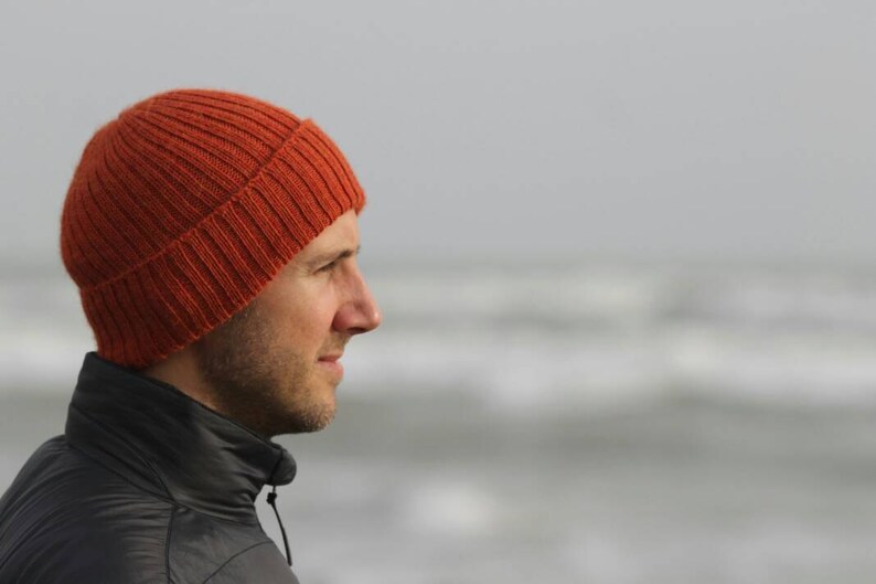 READY TO SHIP. Rust/ Burnt Orange Beanie Hat for Adults. 100% Alpaca Handcrafted in Scotland. Knitted unisex 2 x 2 ribbed beanie. image 3