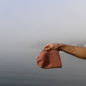 Hand-Framed Alpaca Knit Beanie: Blush Pink Ribbed Winter Hat