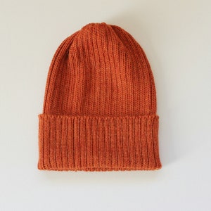 READY TO SHIP. Rust/ Burnt Orange Beanie Hat for Adults. 100% Alpaca - Handcrafted in Scotland. Knitted unisex 2 x 2 ribbed beanie.