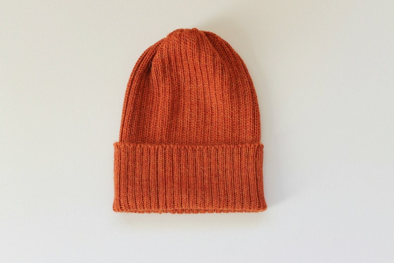 READY TO SHIP. Rust/ Burnt Orange Beanie Hat for Adults. 100% Alpaca Handcrafted in Scotland. Knitted unisex 2 x 2 ribbed beanie. image 1