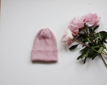 Dusty Pink Adult Beanie. 100% Alpaca - Handcrafted in Scotland. Knitted Unisex 2 x 2 ribbed beanie hat.