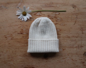 Ecru/ off-white knitted 100% alpaca beanie hat for babies, toddlers & children. Handcrafted in Scotland. Unisex cream watch cap.