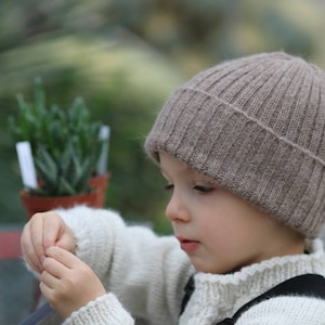 Cafe au lait knitted 100% alpaca beanie hat for babies, toddlers & children. Handcrafted in Scotland. Unisex oatmeal/ beige watch cap.