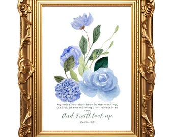 Arte de pared imprimible del Salmo 5:3, cita bíblica, inspirador, floral, cristiano, decoración para habitación infantil.